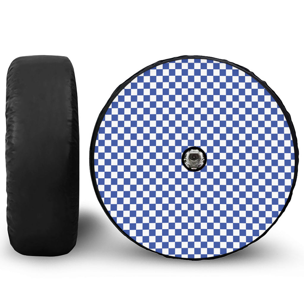 Blue And White Checkered Pattern Print Tire Cover With Camera Hole