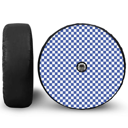 Blue And White Checkered Pattern Print Tire Cover With Camera Hole