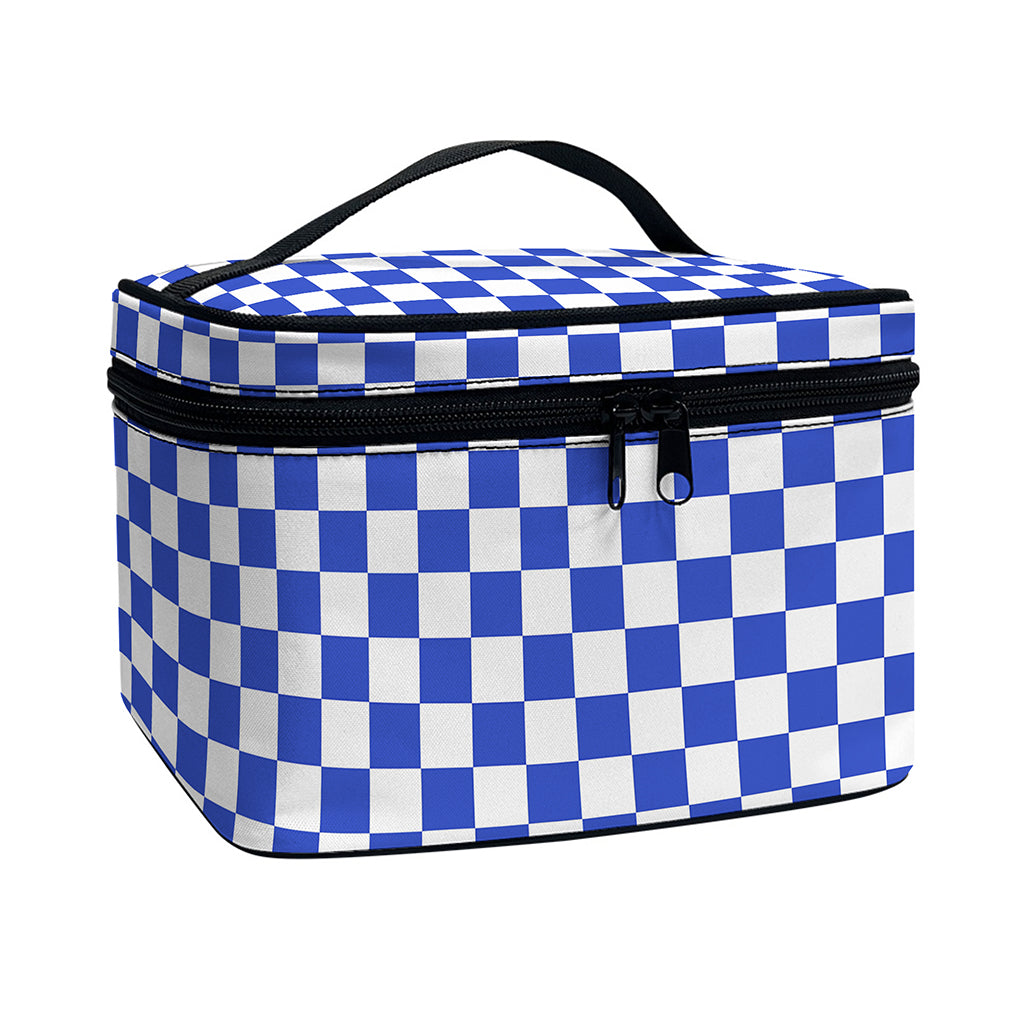 Blue And White Checkered Pattern Print Travel Makeup Bag