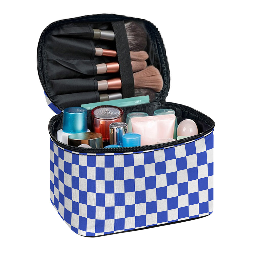 Blue And White Checkered Pattern Print Travel Makeup Bag