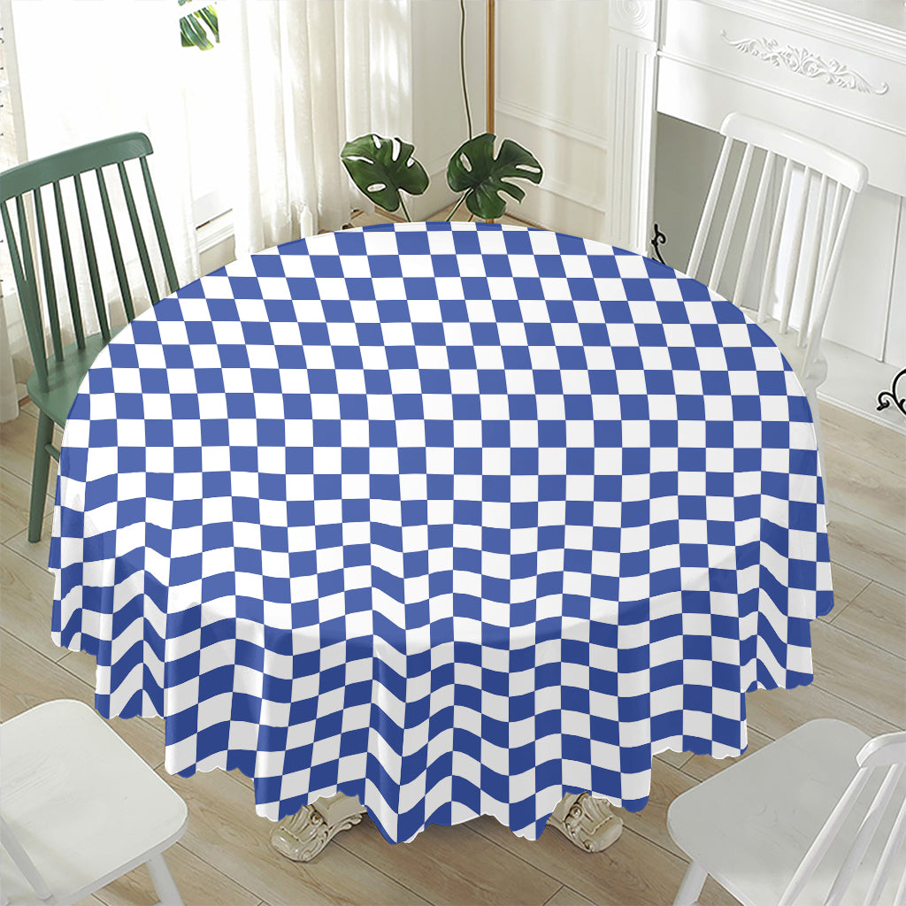 Blue And White Checkered Pattern Print Waterproof Round Tablecloth