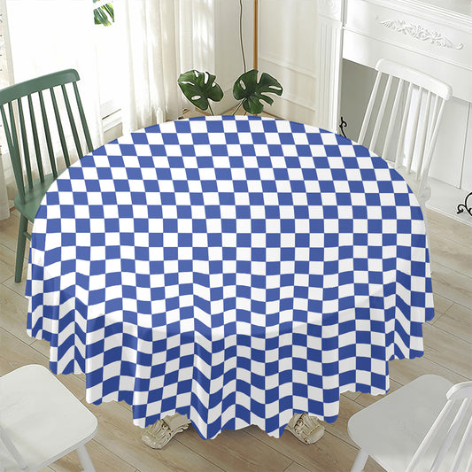 Blue And White Checkered Pattern Print Waterproof Round Tablecloth