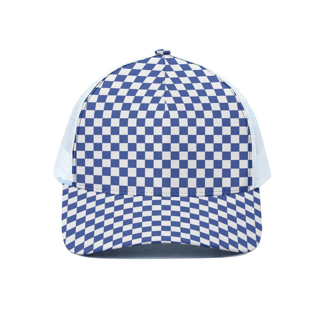 Blue And White Checkered Pattern Print White Mesh Trucker Cap