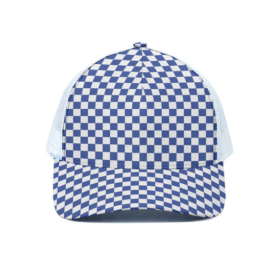 Blue And White Checkered Pattern Print White Mesh Trucker Cap