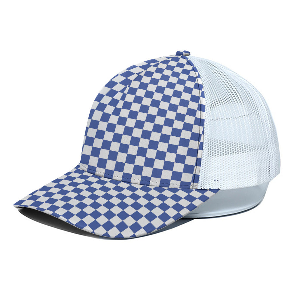 Blue And White Checkered Pattern Print White Mesh Trucker Cap