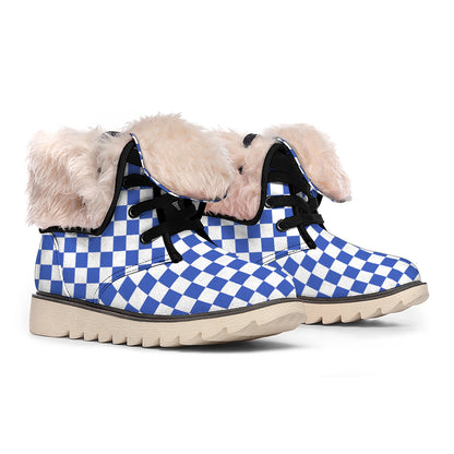 Blue And White Checkered Pattern Print Winter Boots
