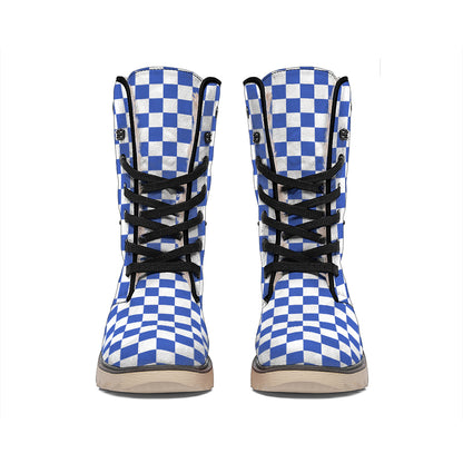 Blue And White Checkered Pattern Print Winter Boots