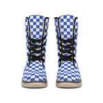 Blue And White Checkered Pattern Print Winter Boots