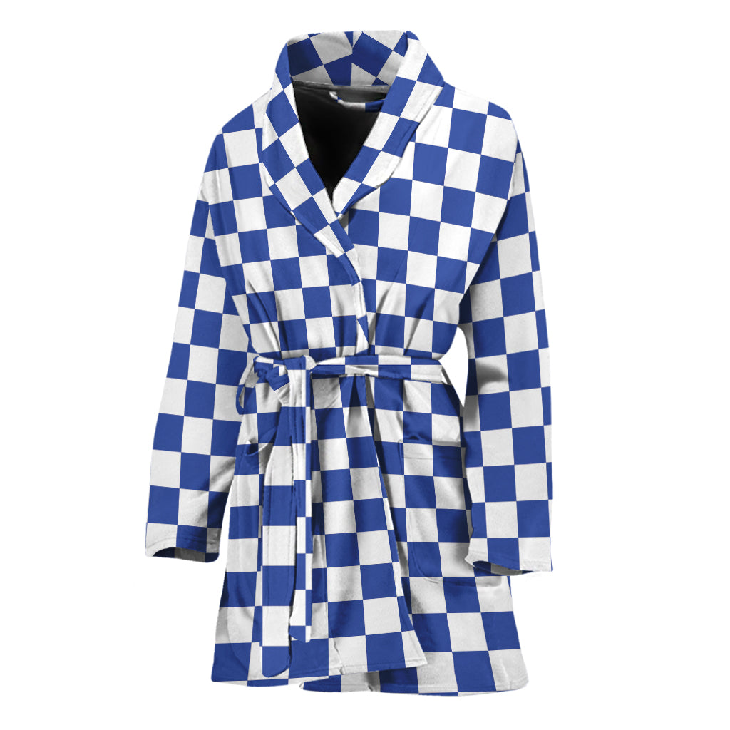 Blue And White Checkered Pattern Print Women's Bathrobe