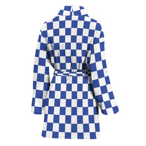 Blue And White Checkered Pattern Print Women's Bathrobe