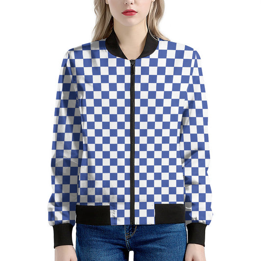 Blue And White Checkered Pattern Print Women's Bomber Jacket