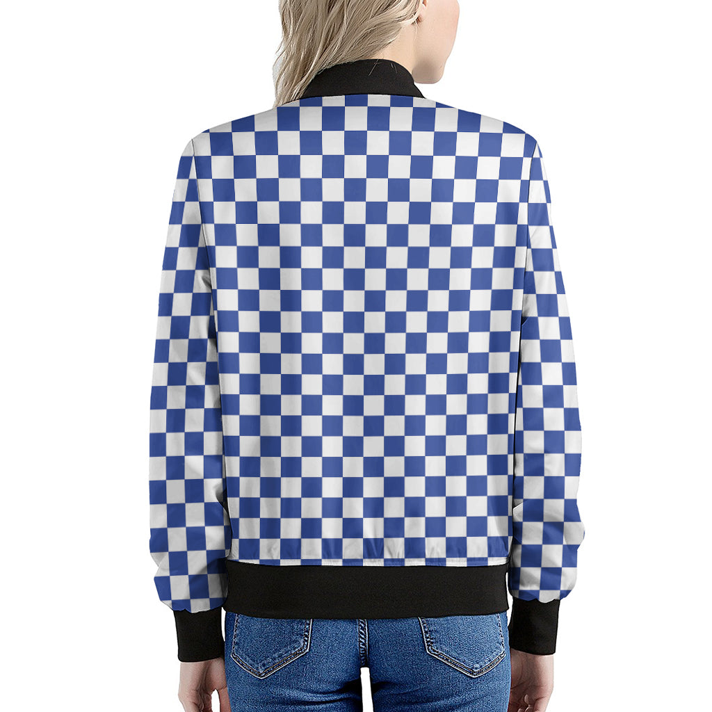 Blue And White Checkered Pattern Print Women's Bomber Jacket