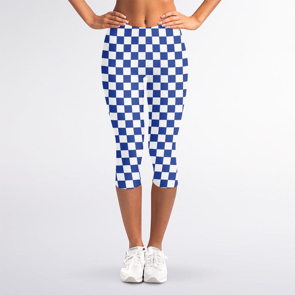 Blue And White Checkered Pattern Print Women's Capri Leggings
