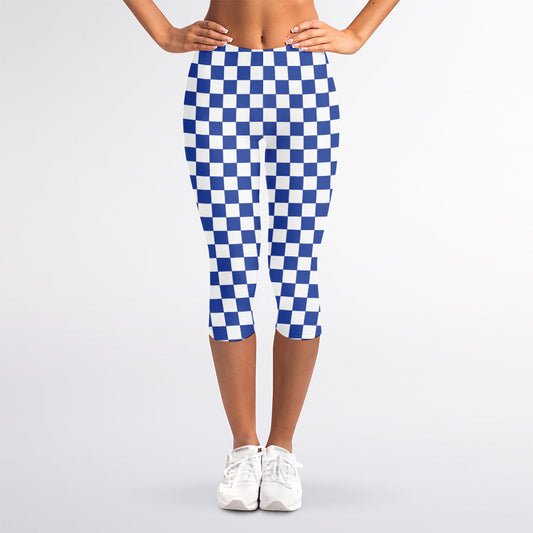 Blue And White Checkered Pattern Print Women's Capri Leggings
