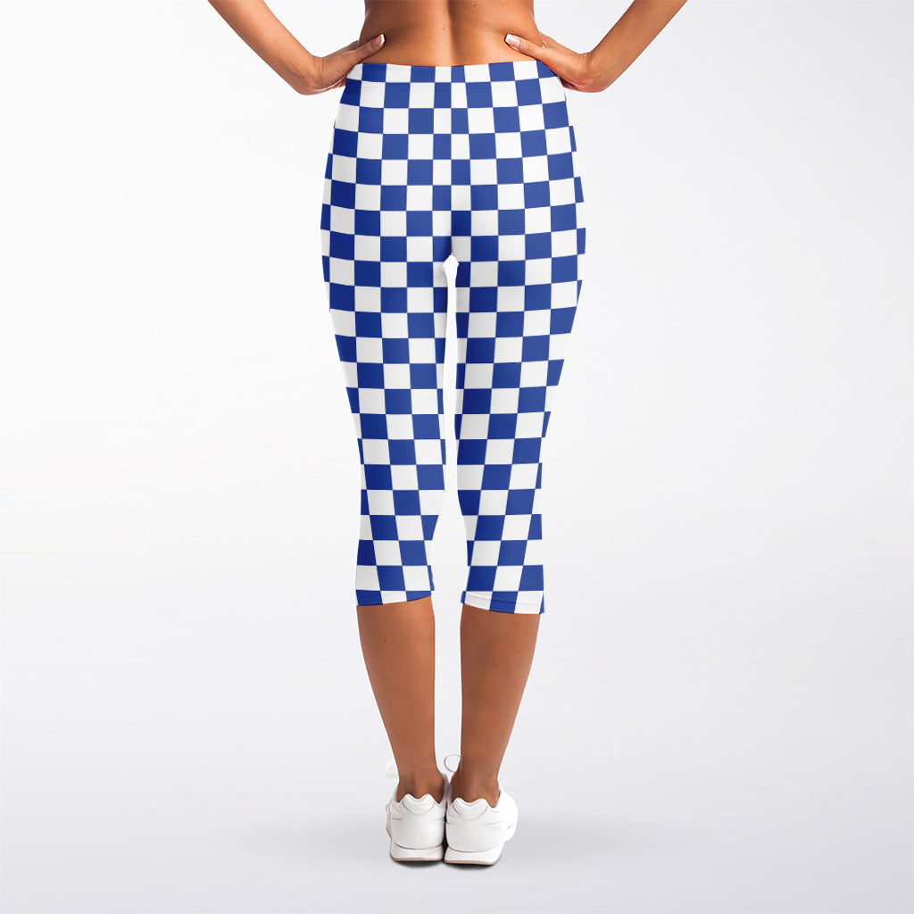 Blue And White Checkered Pattern Print Women's Capri Leggings