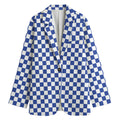 Blue And White Checkered Pattern Print Women's Cotton Blazer