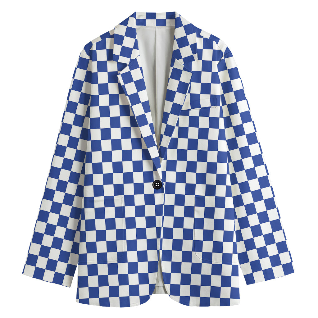 Blue And White Checkered Pattern Print Women's Cotton Blazer