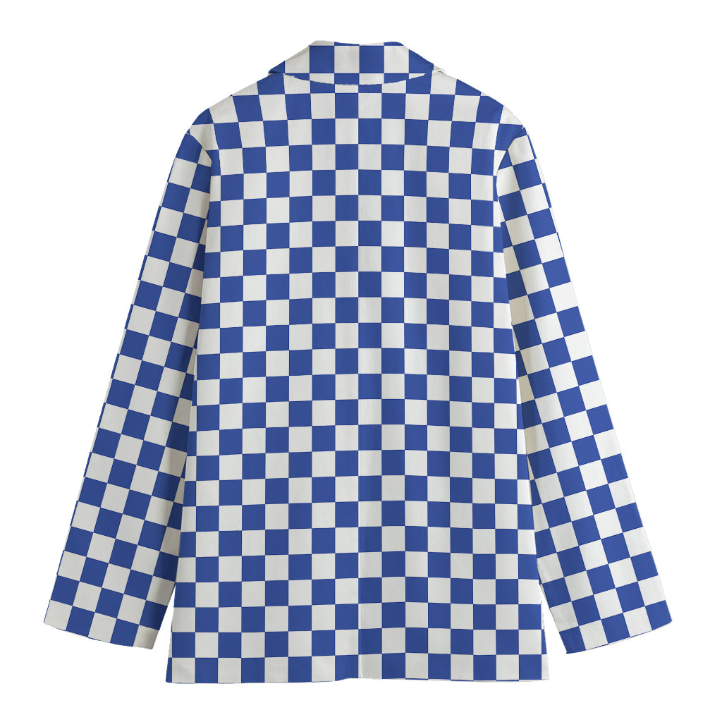 Blue And White Checkered Pattern Print Women's Cotton Blazer