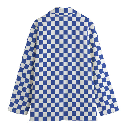 Blue And White Checkered Pattern Print Women's Cotton Blazer