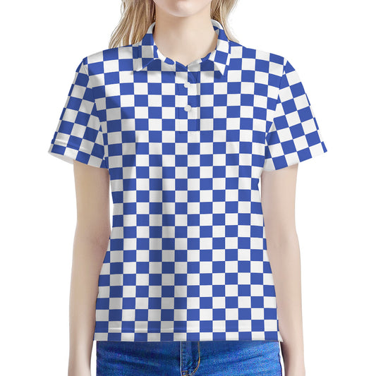 Blue And White Checkered Pattern Print Women's Polo Shirt