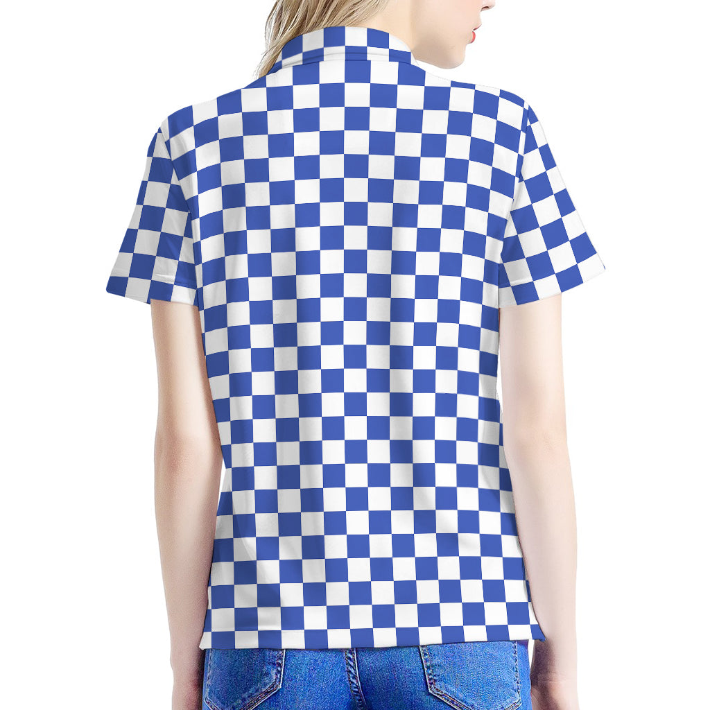 Blue And White Checkered Pattern Print Women's Polo Shirt