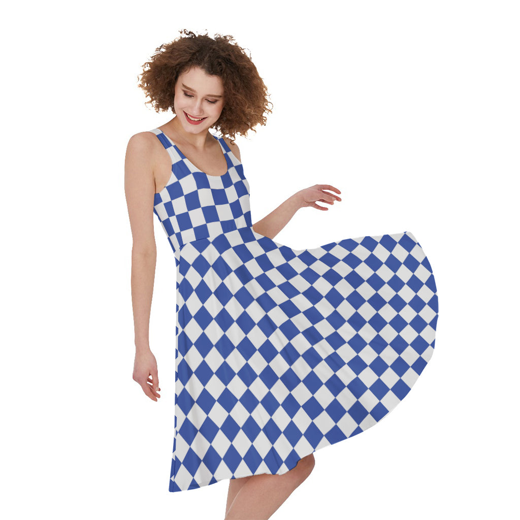Blue And White Checkered Pattern Print Women's Sleeveless Dress