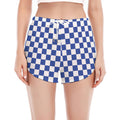Blue And White Checkered Pattern Print Women's Split Running Shorts
