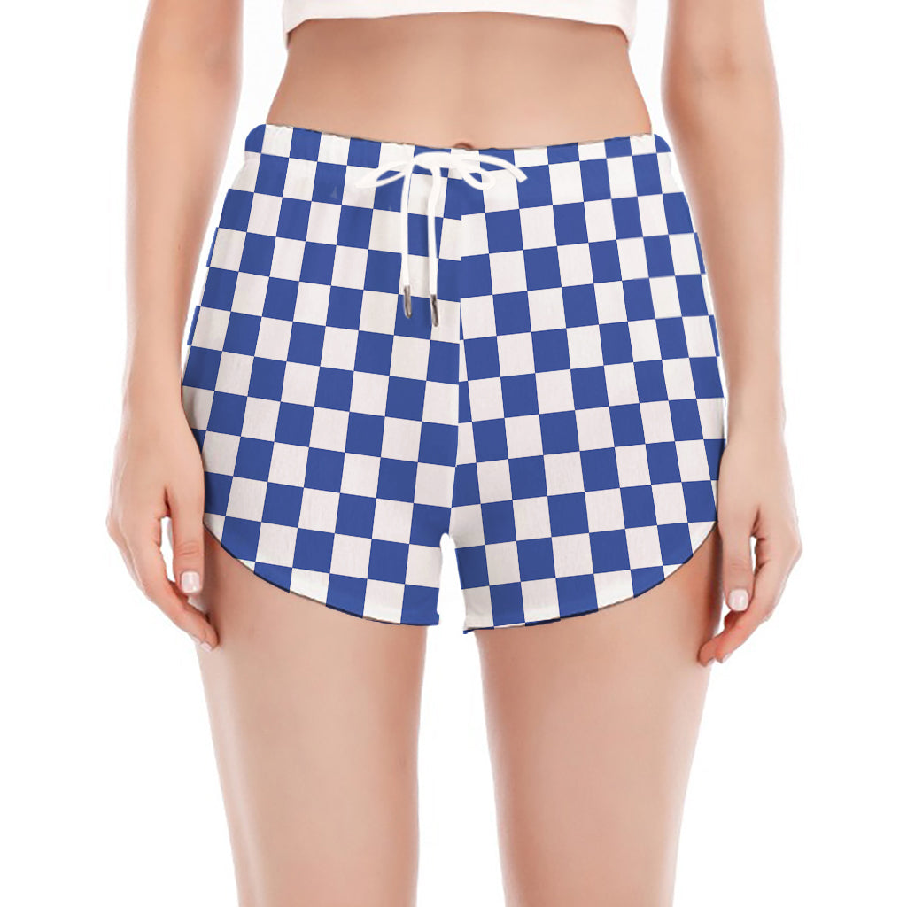 Blue And White Checkered Pattern Print Women's Split Running Shorts