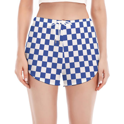 Blue And White Checkered Pattern Print Women's Split Running Shorts