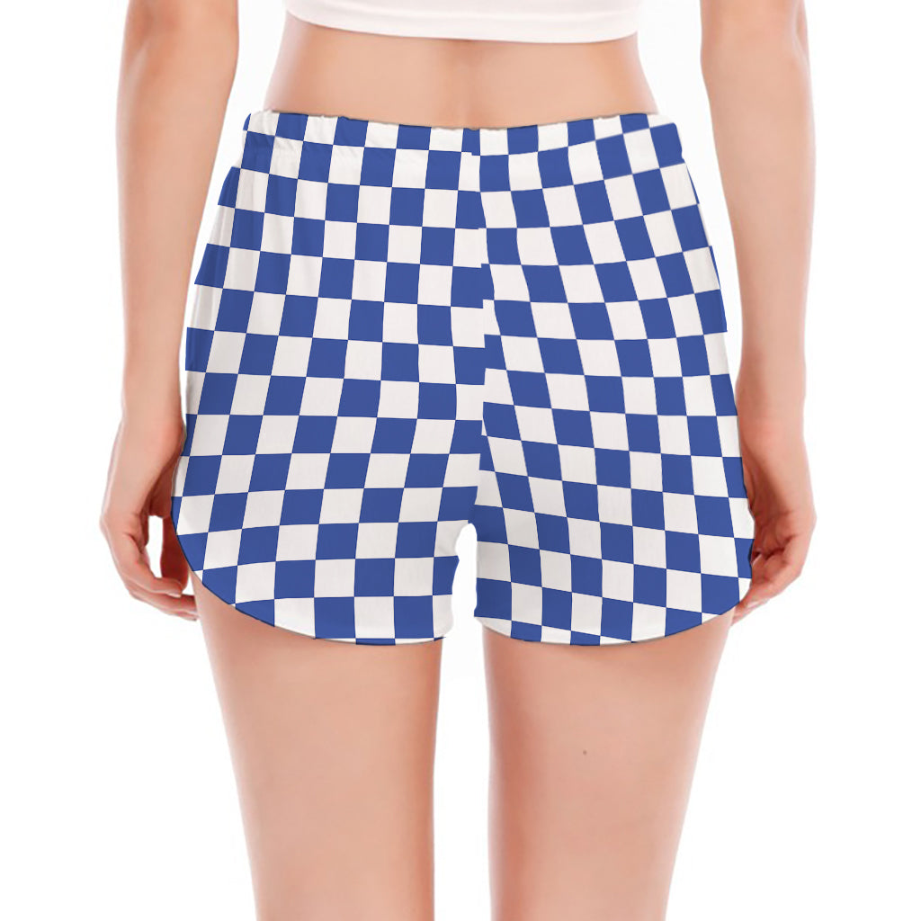 Blue And White Checkered Pattern Print Women's Split Running Shorts