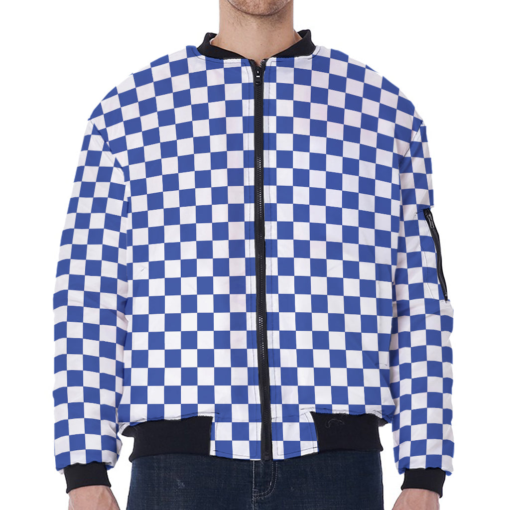 Blue And White Checkered Pattern Print Zip Sleeve Bomber Jacket