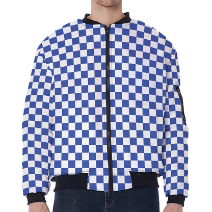 Blue And White Checkered Pattern Print Zip Sleeve Bomber Jacket