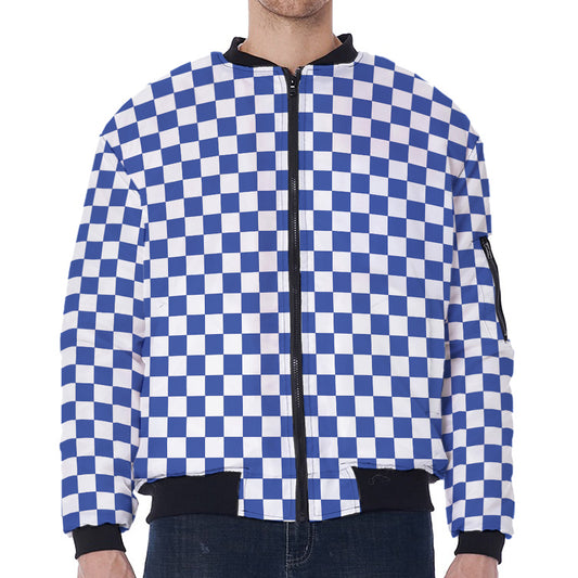 Blue And White Checkered Pattern Print Zip Sleeve Bomber Jacket
