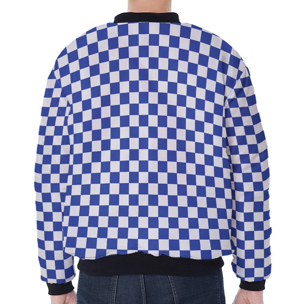 Blue And White Checkered Pattern Print Zip Sleeve Bomber Jacket