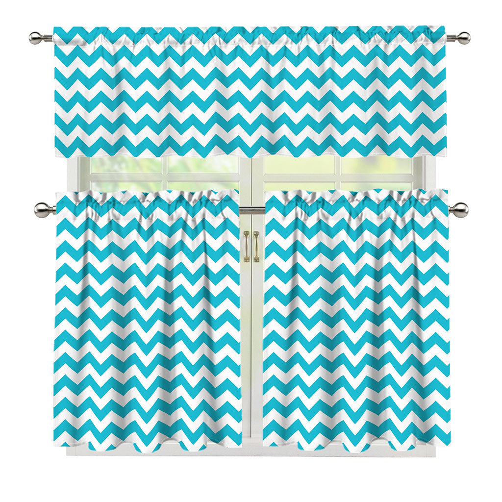 Blue And White Chevron Pattern Print 3 Piece Kitchen Curtains