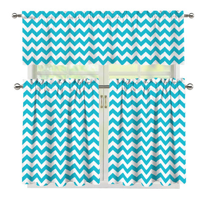Blue And White Chevron Pattern Print 3 Piece Kitchen Curtains