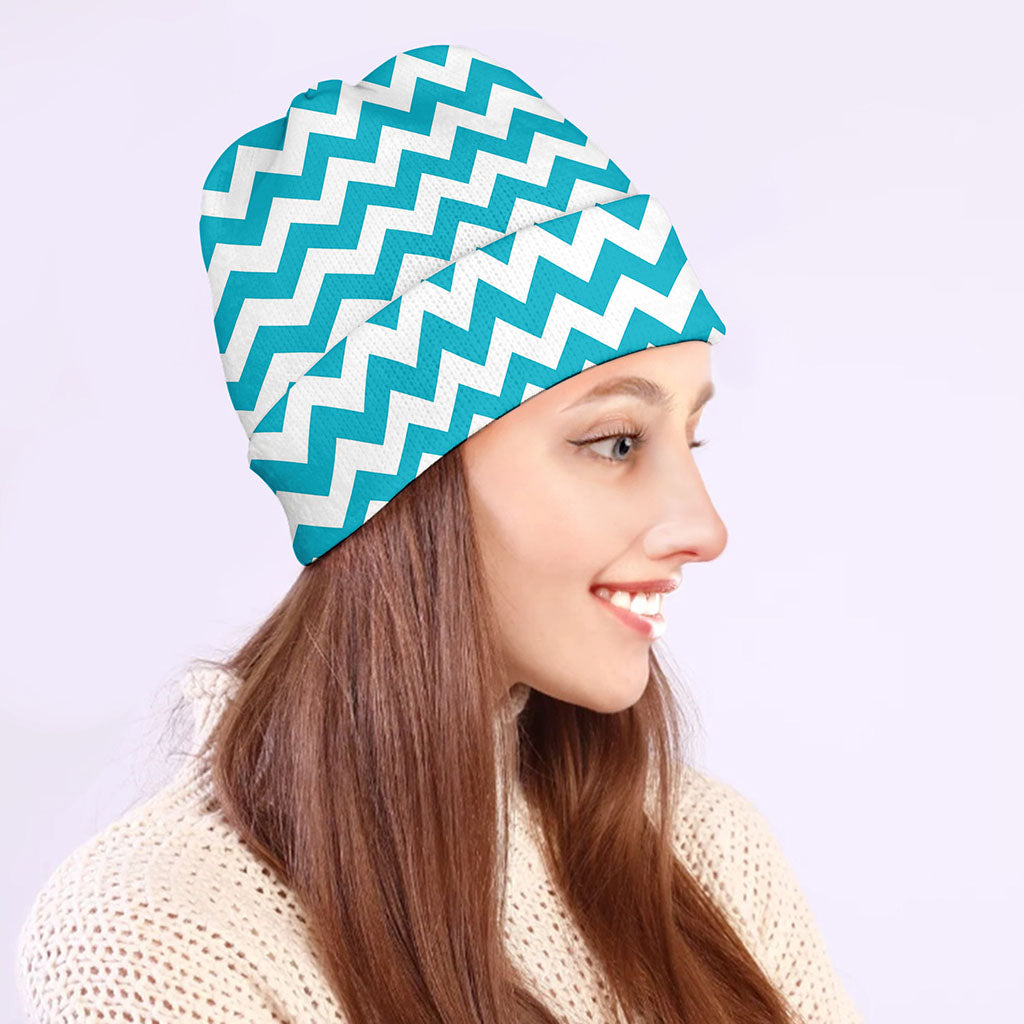 Blue And White Chevron Pattern Print Beanie