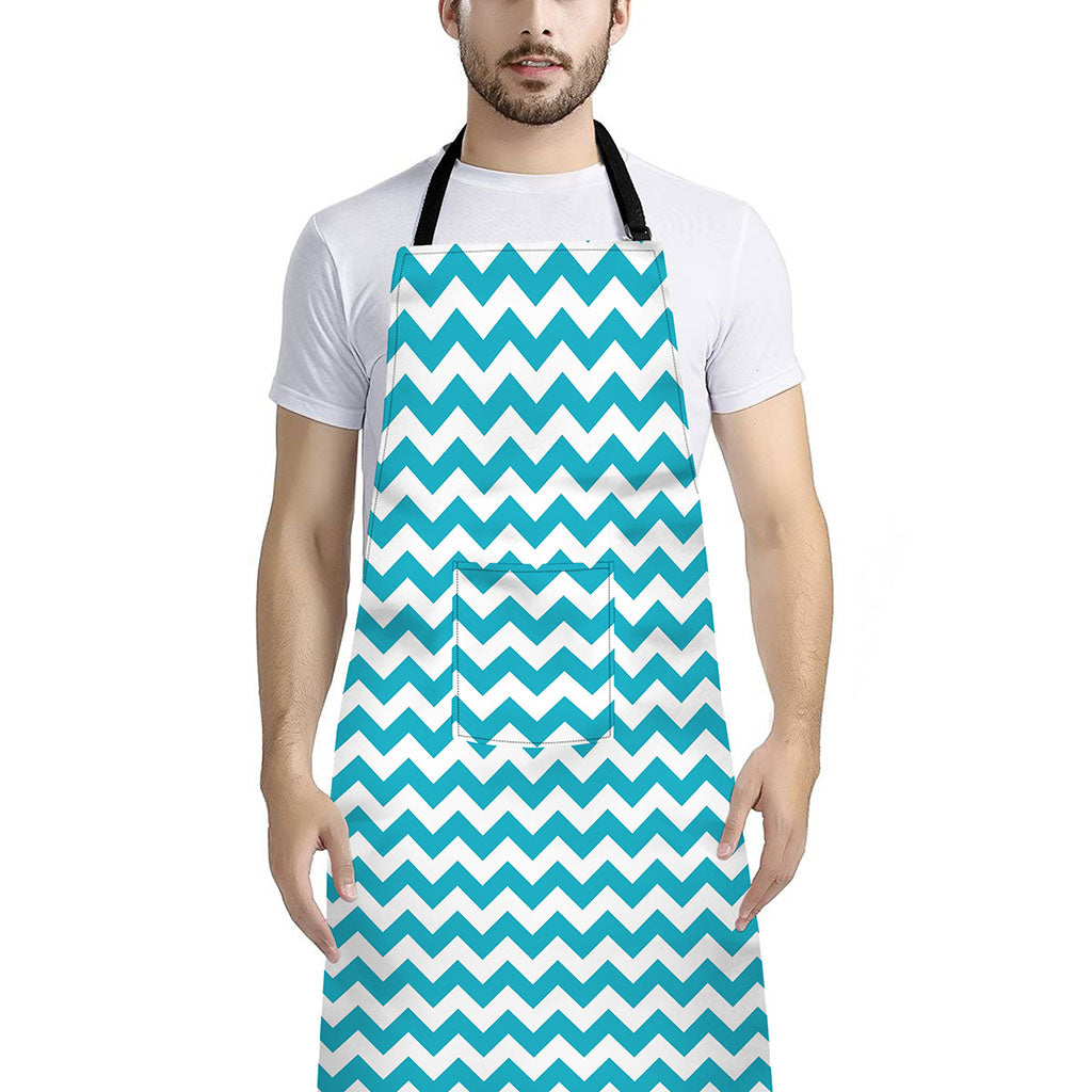 Blue And White Chevron Pattern Print Bib Apron With Pocket