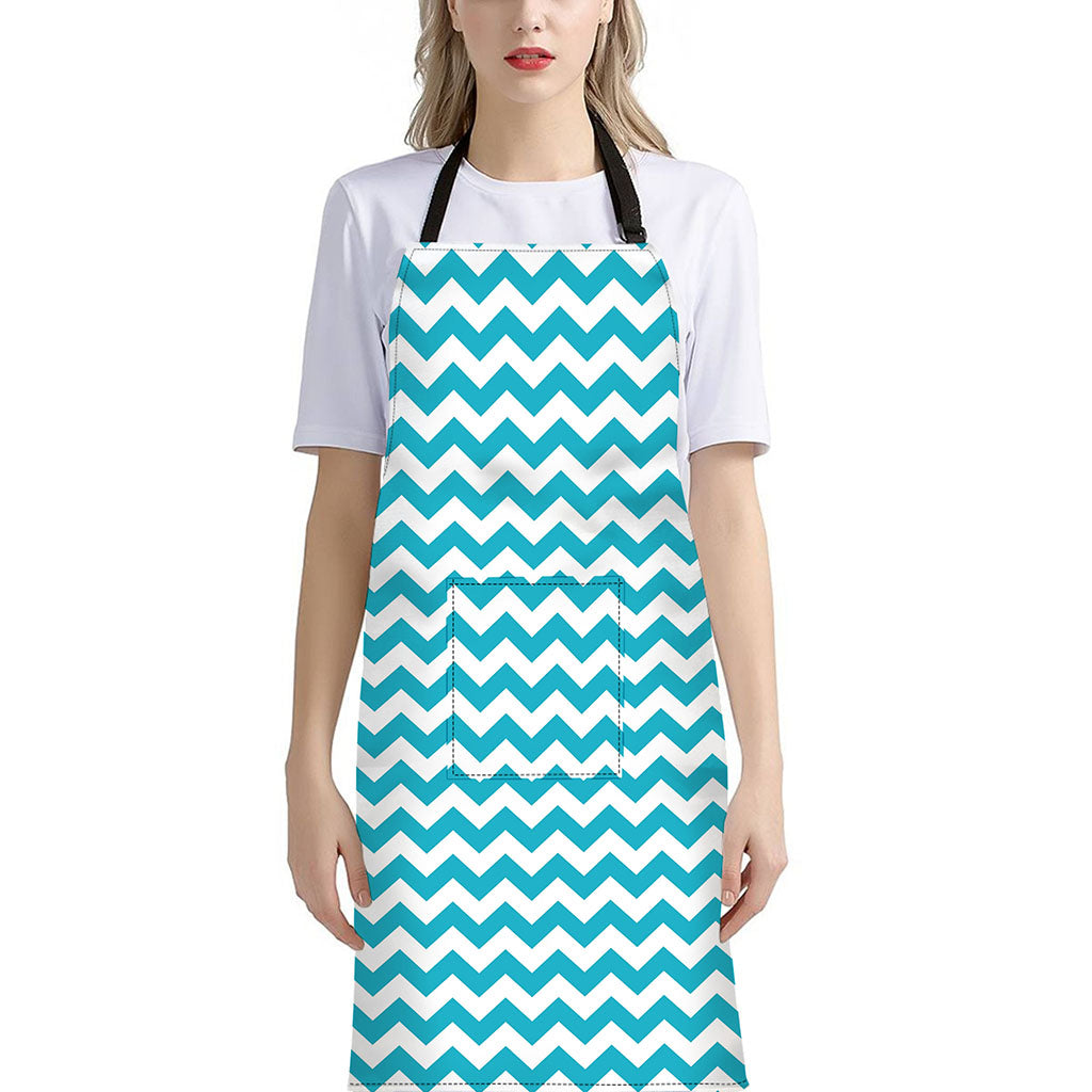 Blue And White Chevron Pattern Print Bib Apron With Pocket