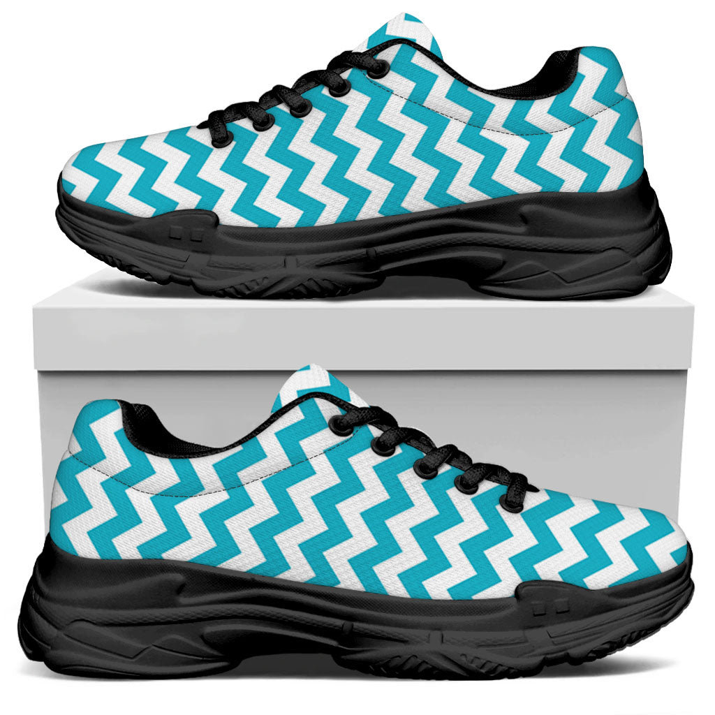 Blue And White Chevron Pattern Print Black Chunky Shoes