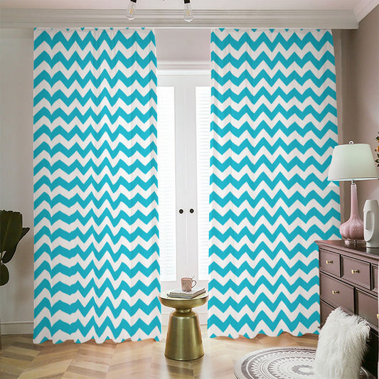 Blue And White Chevron Pattern Print Blackout Pencil Pleat Curtains