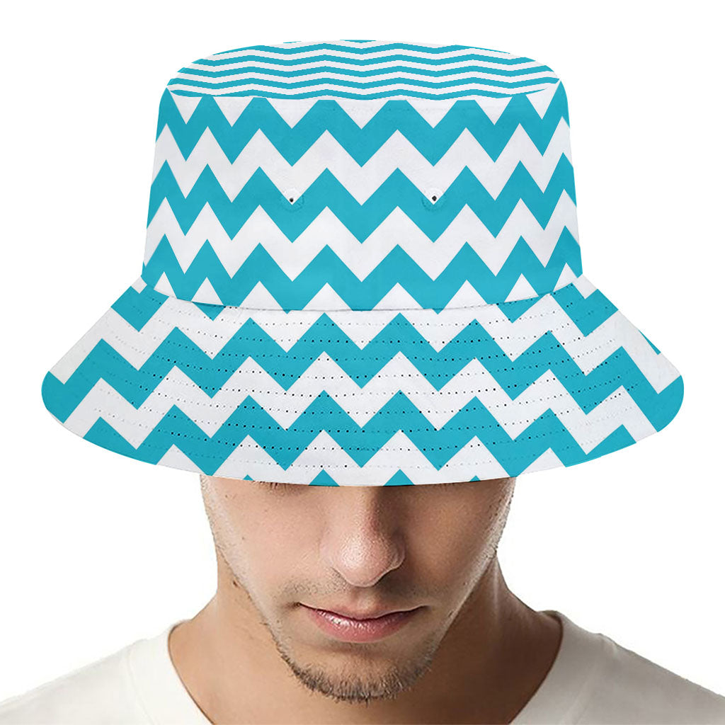 Blue And White Chevron Pattern Print Bucket Hat