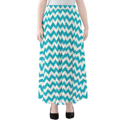 Blue And White Chevron Pattern Print Chiffon Maxi Skirt
