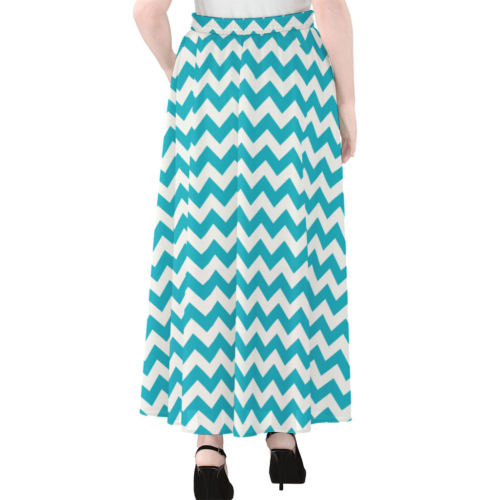 Blue And White Chevron Pattern Print Chiffon Maxi Skirt