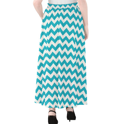 Blue And White Chevron Pattern Print Chiffon Maxi Skirt