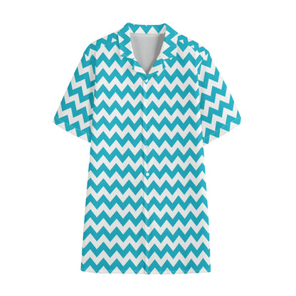 Blue And White Chevron Pattern Print Cotton Hawaiian Shirt