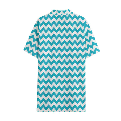 Blue And White Chevron Pattern Print Cotton Hawaiian Shirt