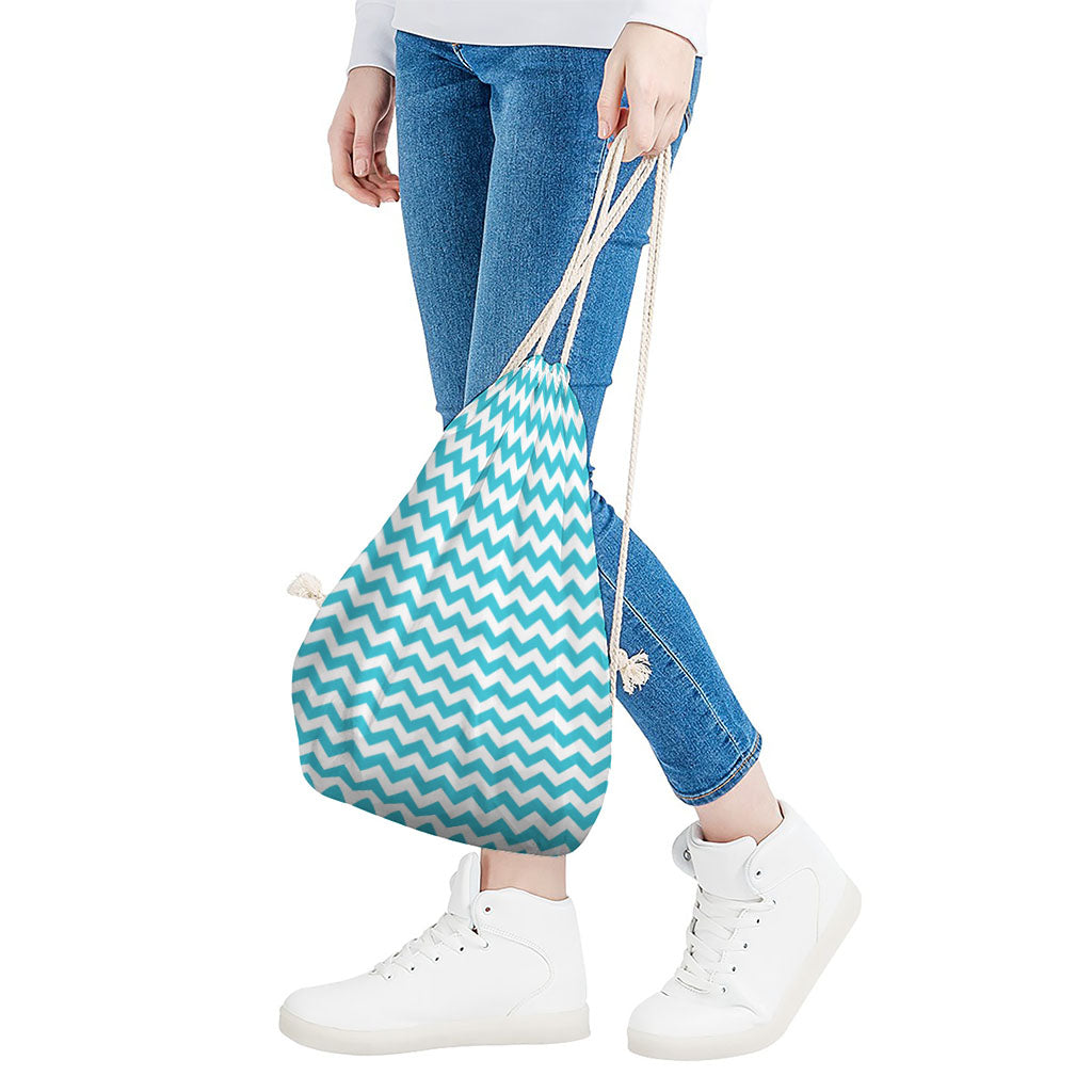 Blue And White Chevron Pattern Print Drawstring Bag
