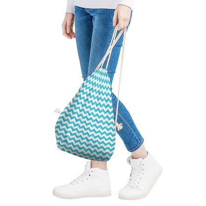 Blue And White Chevron Pattern Print Drawstring Bag