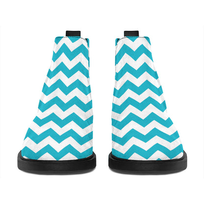 Blue And White Chevron Pattern Print Flat Ankle Boots